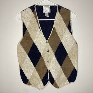 Vintage Christopher & Banks Hand Embroidered Argyle Neutrals Sweater Vest Size M